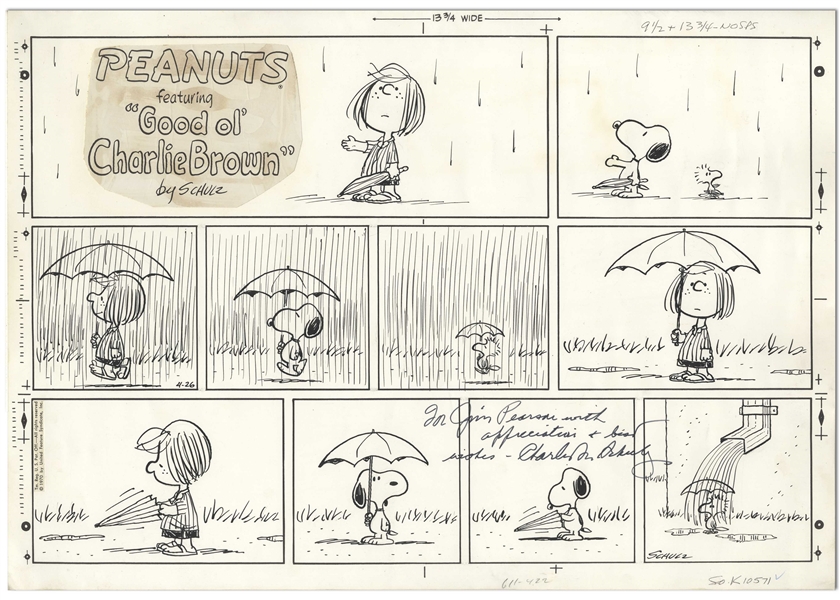Charles Schulz Original Hand-Drawn Sunday Peanuts Comic Strip -- In This April Showers Strip, Woodstock Gets Drenched by a Rain Gutter